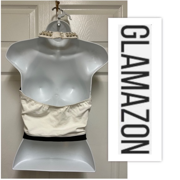 Glamazon Black/White Jeweled Halter Crop Top - Picture 2 of 8